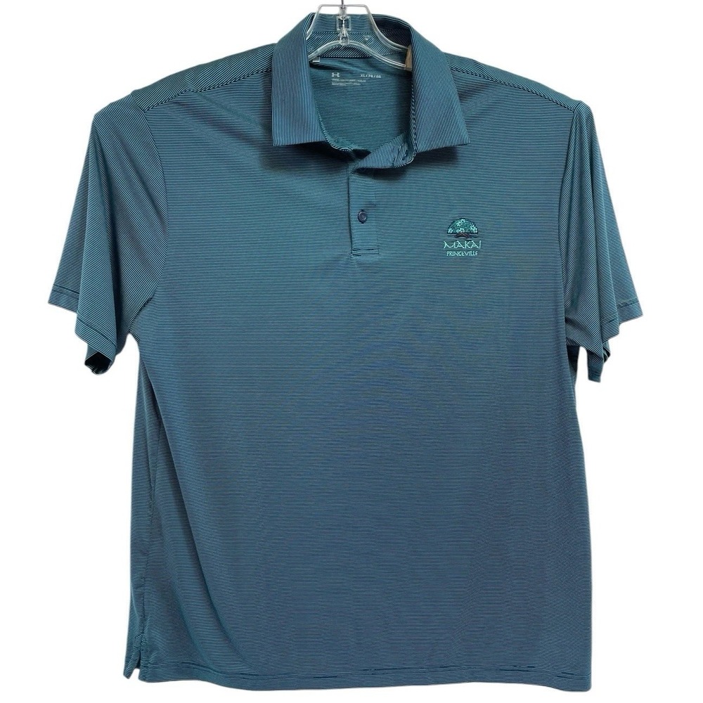 Under Armour /Makal CC Embroidered Mens XL Blue/Green Striped Polo Shirt (Z9)EUC